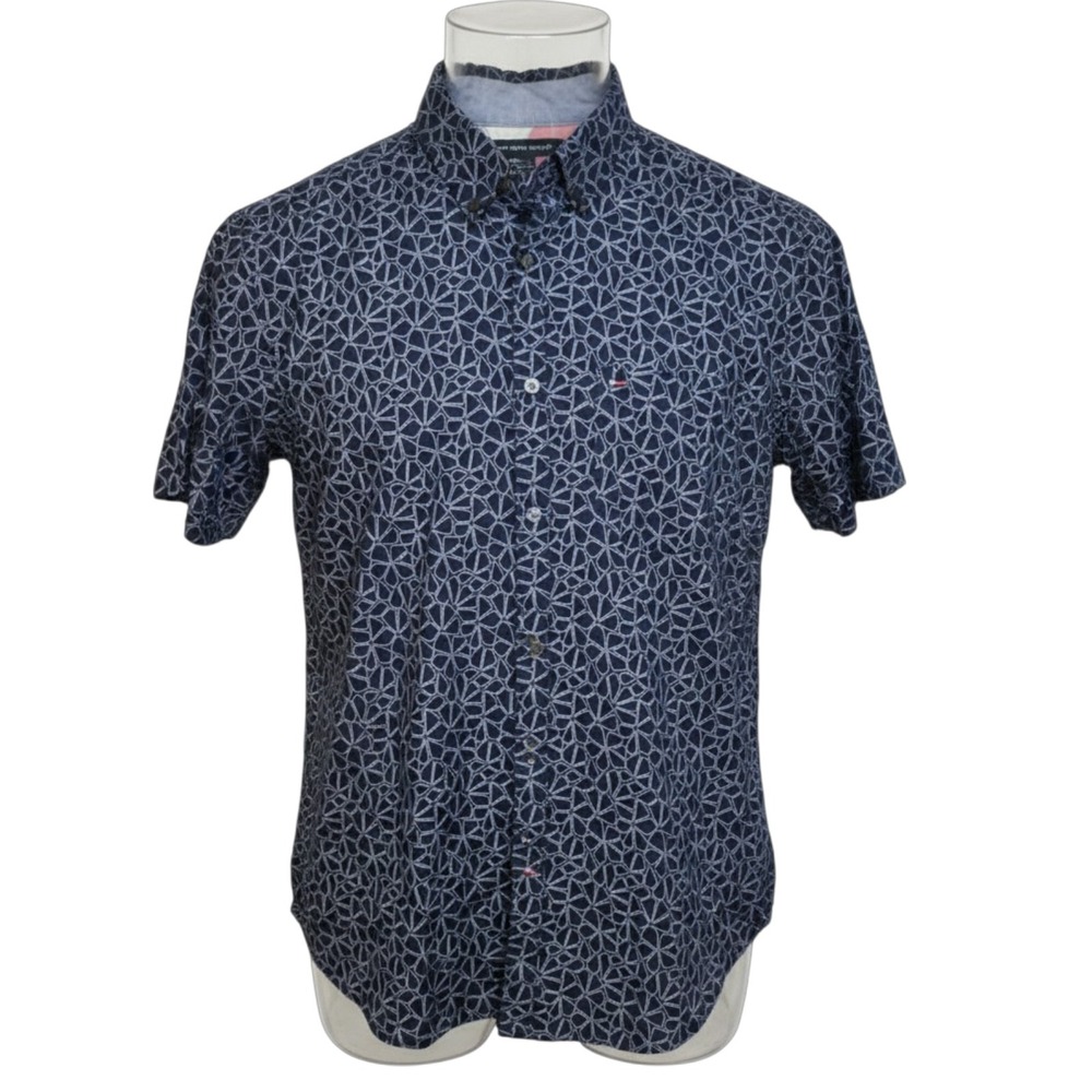 Tommy Hilfiger Slim Fit Short Sleeve Shirt Men Large Blue Web Print Preppy Retro